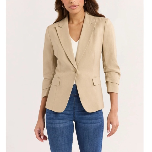 Sofia Jeans Women's Linen Blend Blazer with Scrunch Sleeves Tan - Picture 1 of 12
